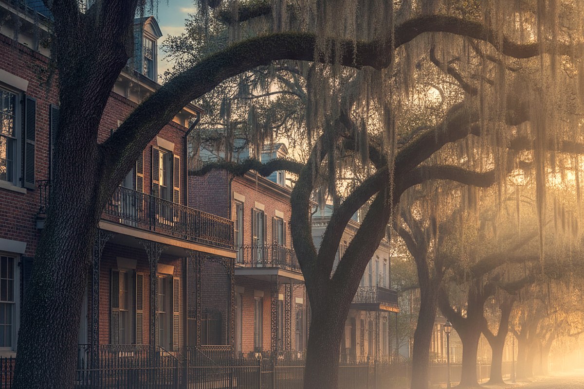 Early morning light through hanging moss on a quiet residential street of brick and iron
