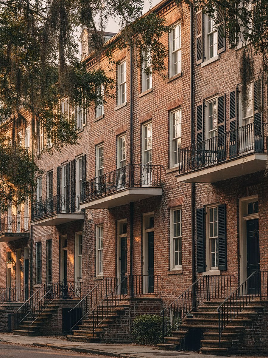 A tall row of brick townhouses with iron balconies behind a screen of mossy oak branches