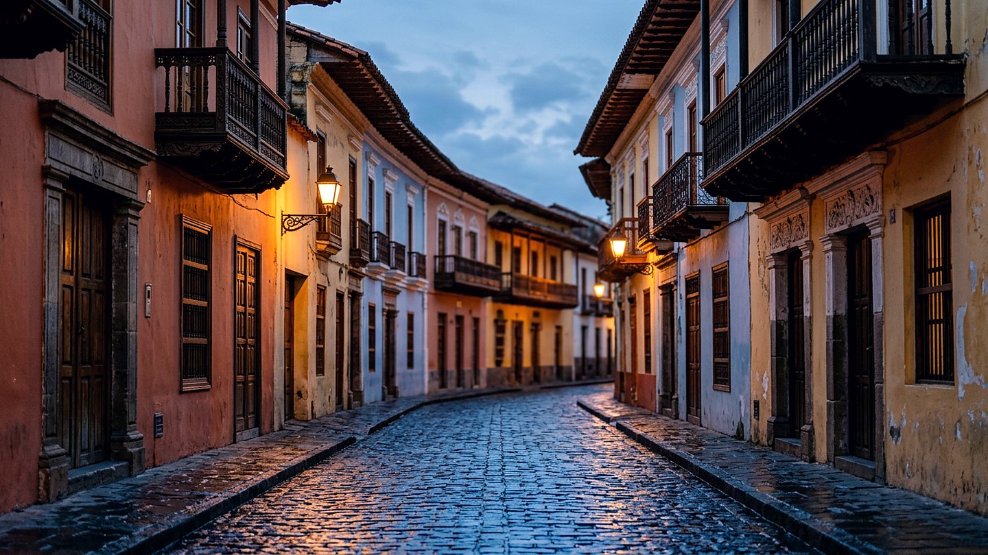 A narrow colonial street of pastel buildings with blue cobblestones glistening after rain at dusk